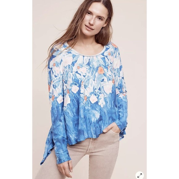 Anthropologie Meadow Rue Linen Fields Swing Top Blue Floral Asymmetric boho art - Picture 1 of 12